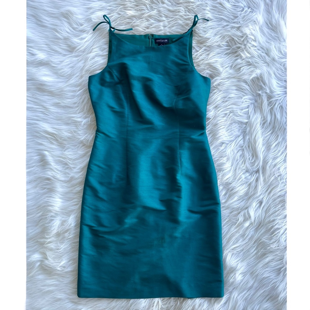 Ann Taylor vintage teal silk tie shoulder sheath dress